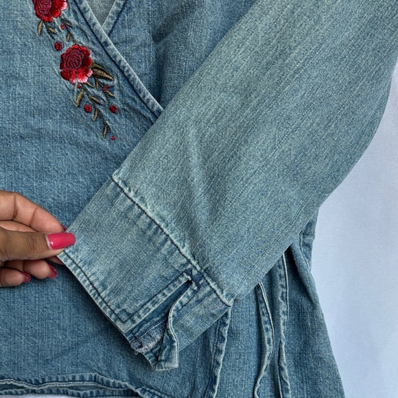 New York & Company Women’s Denim Wrap Blouse with Red Floral Embroidery, Small - Picture 7 of 8